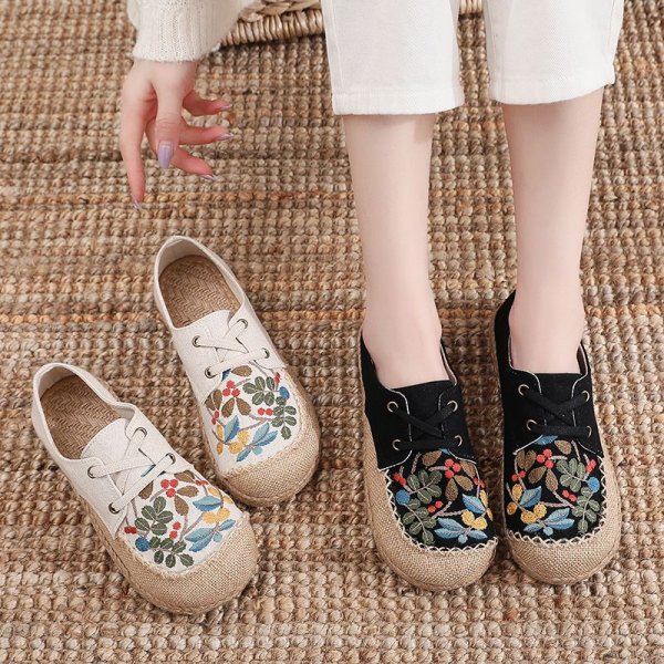 Women's round head women's shoes Chinese style shallow mouth retro flat shoes lace-up canvas shoes