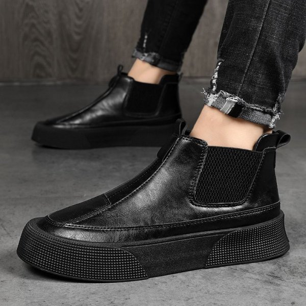 Workwear high-top casual leather shoes British style pure black leather boots a stirrup sports tide shoes men